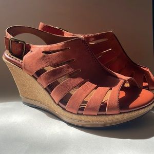 Spring wedge sandals in salmon orange. Worn once. Pristine.